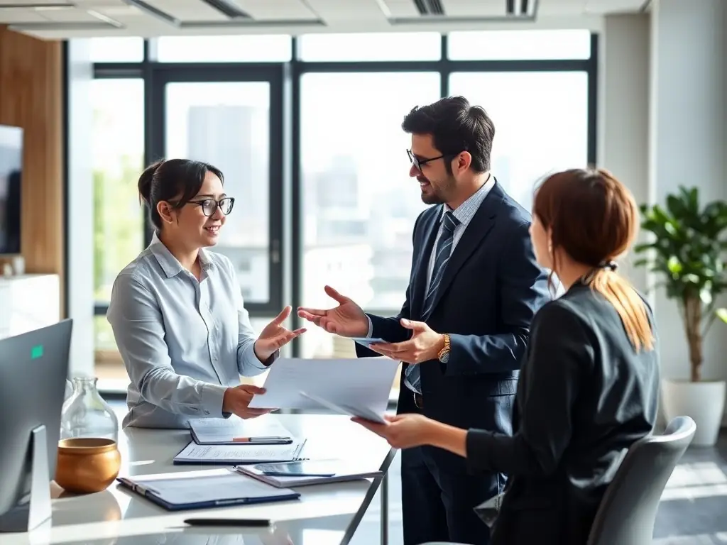 A consultant reviewing a marketing strategy document with a client in a modern office setting, emphasizing collaboration and strategic planning.