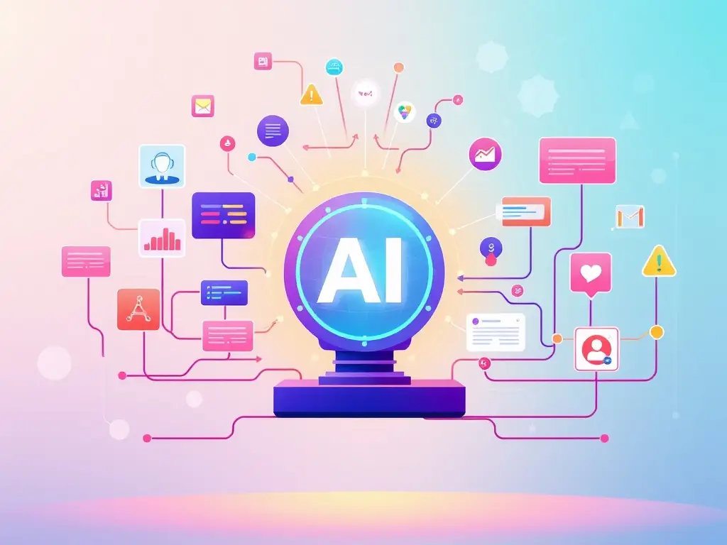 A digital illustration depicting an AI brain managing a network of leads, symbolizing AI-powered lead management for equipment sales.